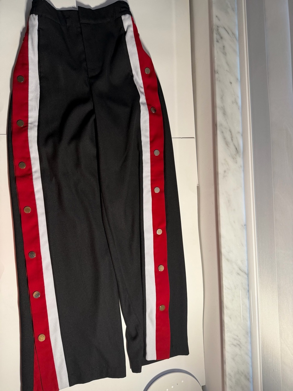 Women’s Black Wide-Leg Track Pants Red & White Snap Side Stripes - Picture 3 of 7